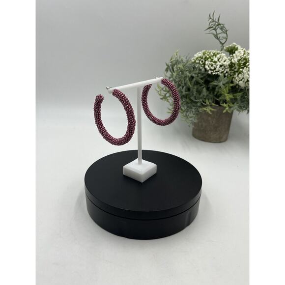 Sachin & Babi Designer Pink and Clear Glass Beaded Large Hoops 2.5" - Picture 3 of 12